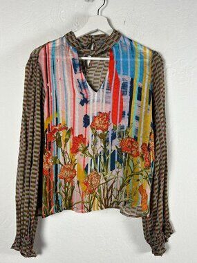 Conditions Apply Anthropologie Women Striped Floral V-Neck Blouse XXS Multicolor